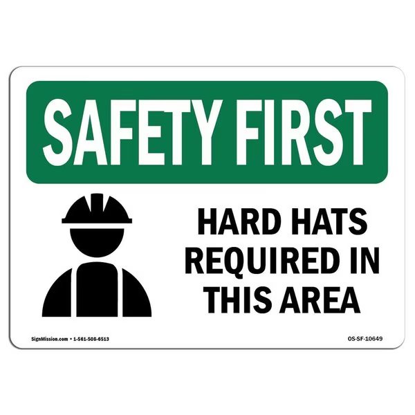 OSHA Sign, Hard Hats Required In This Area W/ Symbol, 10in X 7in Aluminum, 10